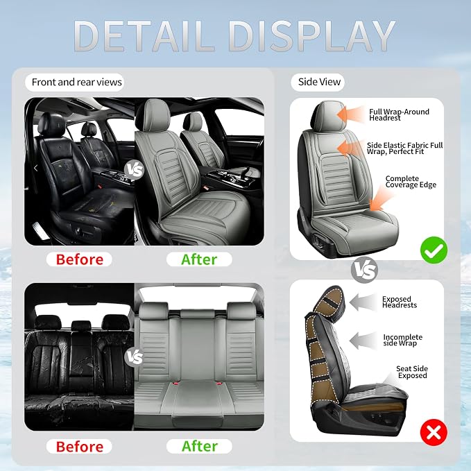Fit FJ Cruiser Car Seat Covers for Toyota FJ Cruiser 2007-2013 2014 -Premium Leather, Waterproof，Breathable，All-Weather Seat Cushion Protecto & Airbag Compatible, 2 Front Seat Gray - Image 6
