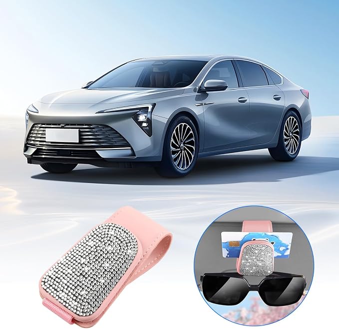 HZEL Bling Sunglass Holder for Car Sun Visor, Magnetic Leather Crystal Rhinestones Vehicle Eyeglasses Visor Clip, Diamond Automotive Glasses Hanger Mount, Universal for SUV RV Truck (Pink/White) - Image 4