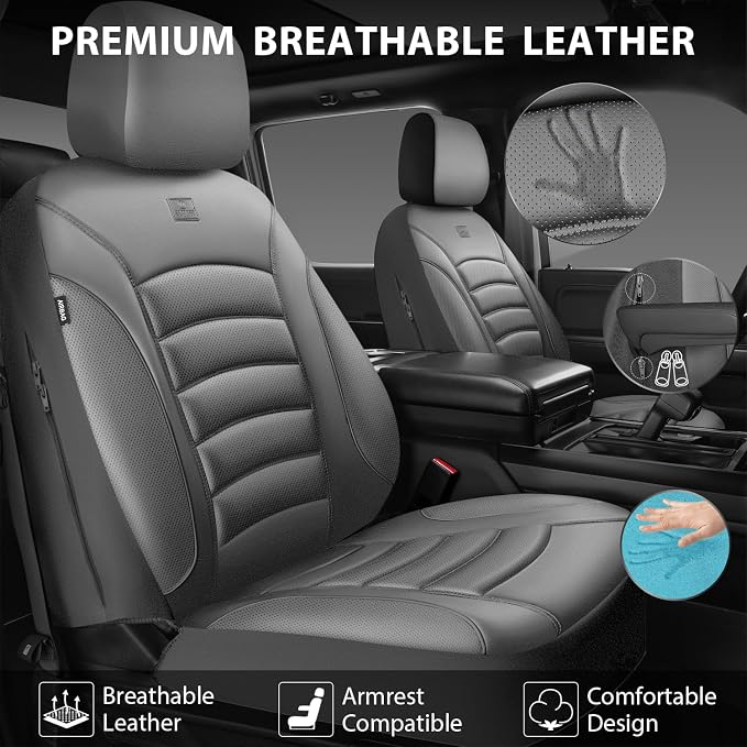 CAR PASS 3D Foam PU Leather Car Seat Covers, Universal Seat Covers Front 2 for Trucks SUV Sedan Automotive Seat Covers Armrest Airbag Compatible Waterproof Comfortable Faux Nappa Leather All Gray - Image 7