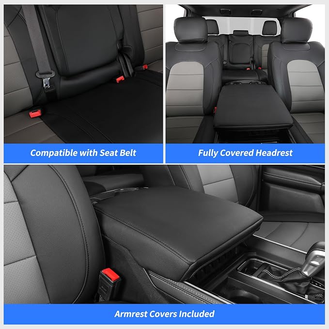 Custom Seat Covers for 2019-2026 Ram 2500/3500 CrewCab Bighorn,Faux Leather | Front Heavy Duty Pickup Seat Cushion,Front w/No Headrest Cutout,Rear 40/60 Split Curved Bench Seat,Black/Grey - Image 6