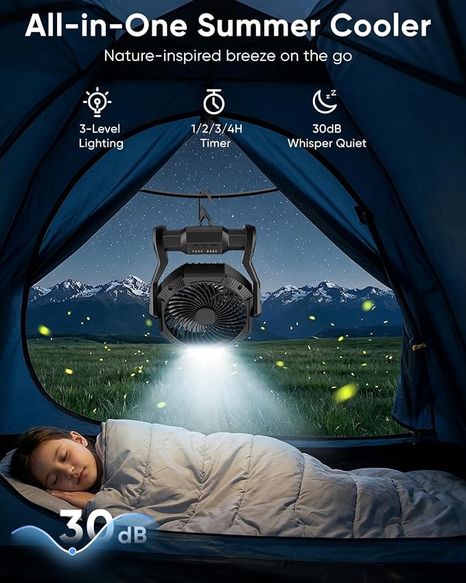 Portable Rechargeable Fan, 20000mAh Battery Powered Camping Fan with LED Light & Hook, 270° Adjustable, 4-Speed, 4H Timer Camping Essentials for Outdoor Tent Travel BBQ Car, Gifts for Men Dad - Image 4