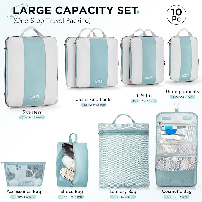 OlarHike 10 Set Compression Packing Cubes for Travel Essentials,Compressible Expandable Space Saver Bags for Organizing Clothes,Luggage Suitcase Garment Bags with Over 1000 pcs Mesh Holes(Blue Gray) - Image 2