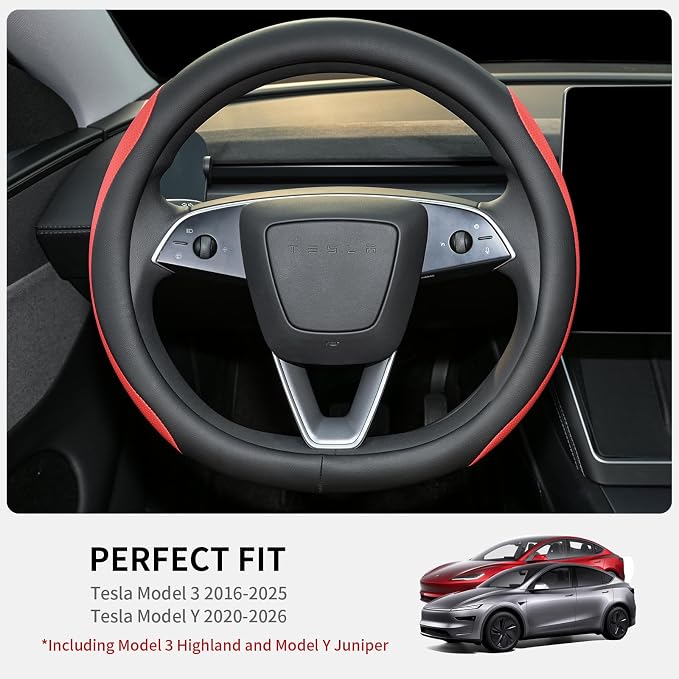 Uxcer Nappa Leather Steering Wheel Cover Compatible with Tesla Model 3/Y 2016-2025 2026 Juniper/Highland, Non-Slip Breathable Model 3/Y Steering Wheel Protector, Red - Image 2