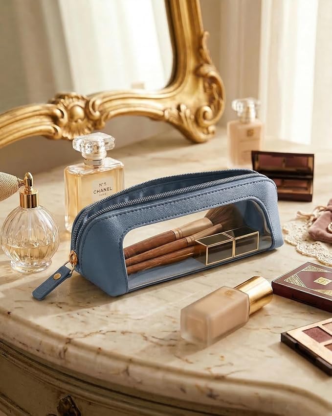 Clear Pencil Case for Kids,Cute Makeup Bag for Women(Slim, Blue) | Waterproof PVC Leather Cosmetic Pouch Zipper,Mini Travel Toiletry Bag for Women,Makeup Brushes Bag Storage and Orgainzer - Image 5