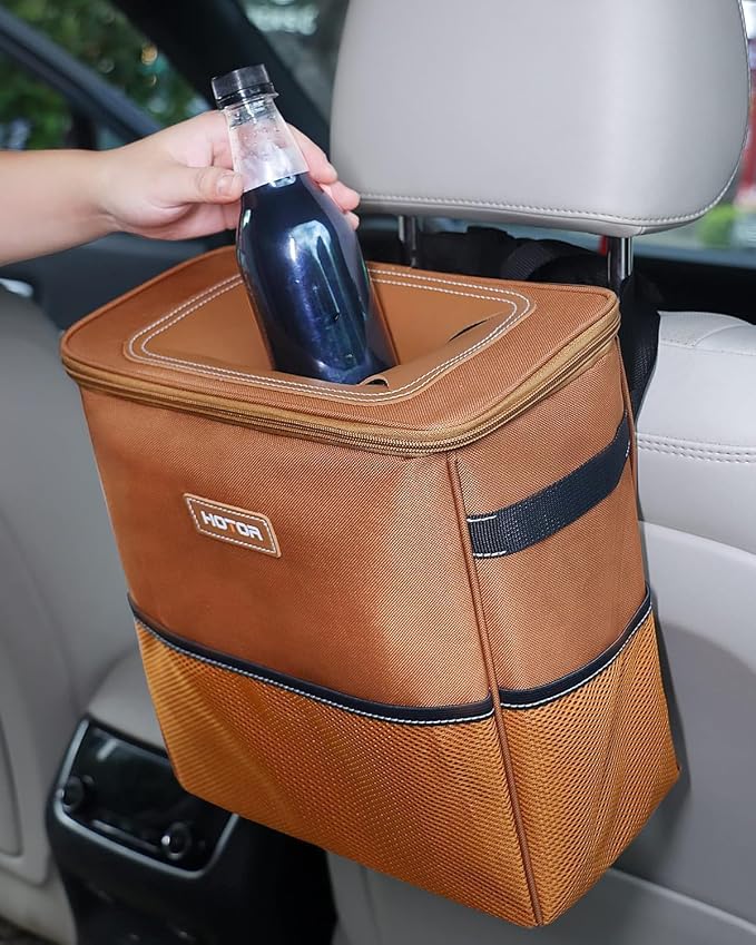 HOTOR Car Trash Can, Compact Waterproof Organizer, Leak-Proof Bin, 3-Gallon | Brown, Multifunctional Car Accessory with Adjustable Straps & Magnetic Snaps for Interior Car Storage - Image 2