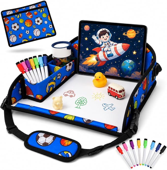 Kids Travel Tray for Car Seat, Toddler Car Seat Activity Tray, Kids Carseat Lap Table, Road Trip Essentials for Airplane, Lap Desk for Kid Roadtrip Activities, Sports Balls by Unknown