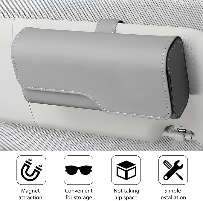 Zpana Sunglass Holder for Car Visor, Leather Auto Eyeglasses Sun Visor Organizer Case with Hidden Magnetic Closure, Auto Protective Glasses Storage Box, Universal for SUV RV Truck (Gray) - Image 3