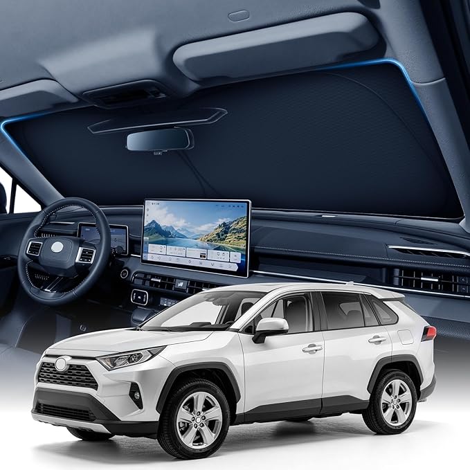 Large Windshield Sun Shade for Toyota RAV4 2019-2026, 7-Layer UV & 100% Sun Blockage, 3D Scanned Custom Fit, Keep Interior Cooler, Easy Storage & Foldable SUV Accessories, No Sagging by Zanch