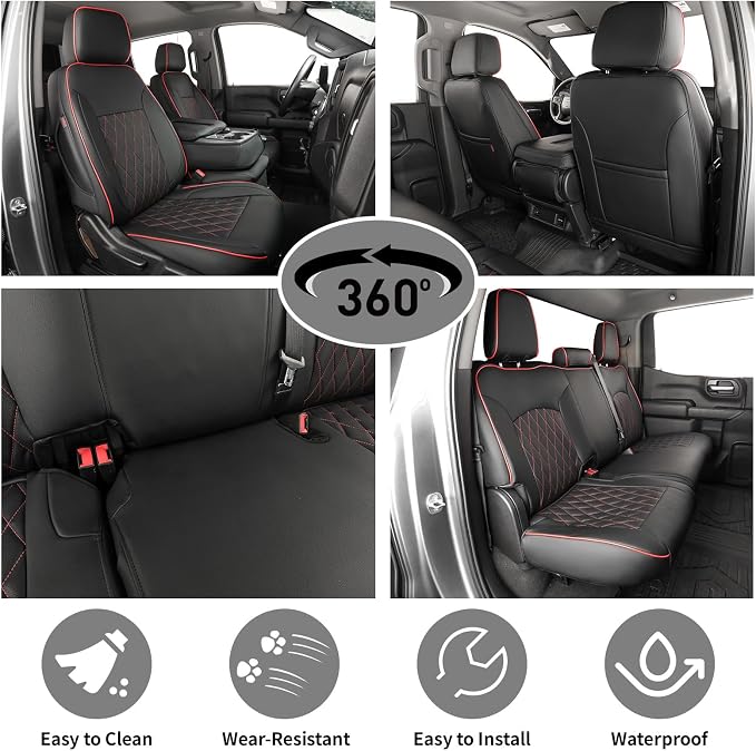 Silverado Seat Covers for 2019-2026 Chevy Silverado & GMC Sierra 1500/2500/3500 CrewCab w/Rear Seat Storage Pickup Seat Cushion,Waterproof Faux Leather Truck Seat Protector(Full Set,Black/Red) - Image 4