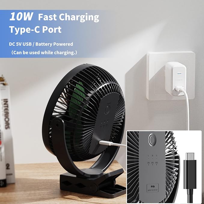 Clip on Fan, Rechargeable Portable Fan, 8 Inch Small Desk Fan - 10000mAh Battery Powered Fan with 4 Speed, 360° Rotation Personal Fan Suitable for Golf Cart, Bedroom, Travel and Camping (Green) - Image 6