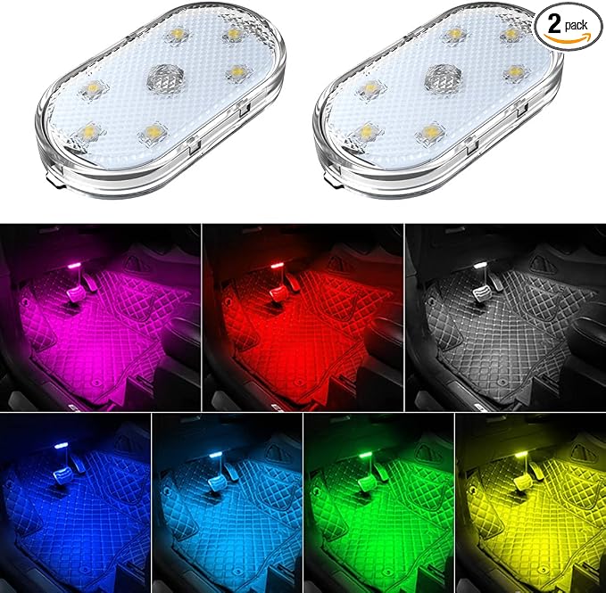 2 PCS Car Led Lights Interior,7 Colors Ambient Lighting Car Interior,USB Rechargeable Car Interior Reading Light,Portable Led Lights for Car by Zosppei