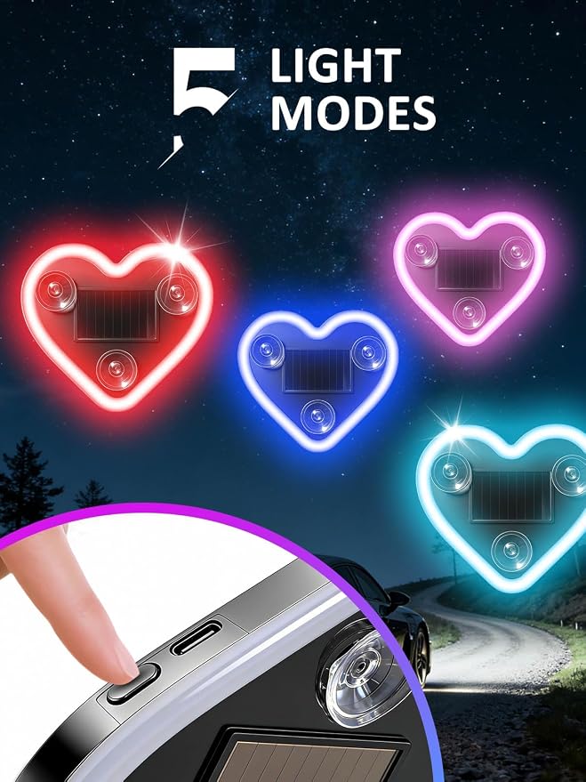 Car LED Ambient Light - Solar-Powered Heart-Shaped LED Neon Light, Wiring Free, Switchable Modes, Romantic Mood Decoration, Interior Atmosphere Lamps for Car (MHD - Pink+Ice Blue) - Image 3