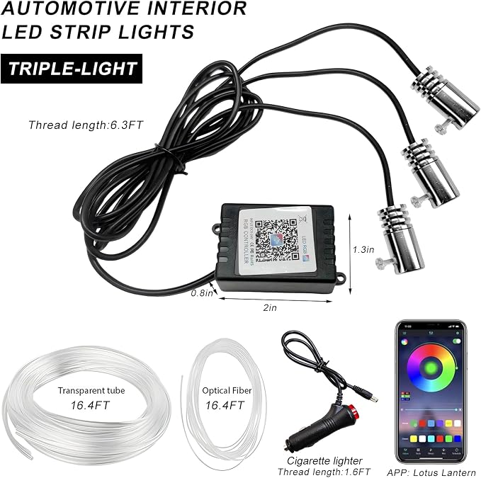 Interior Car LED Strip Lights with APP Control, 3 in 1 RGB Ambient Lighting Kit with 197 inches Fiber Optic, 16 Million Colors Music Sync LED Vehicle Cigarette Lighter Neon Strip - Image 2