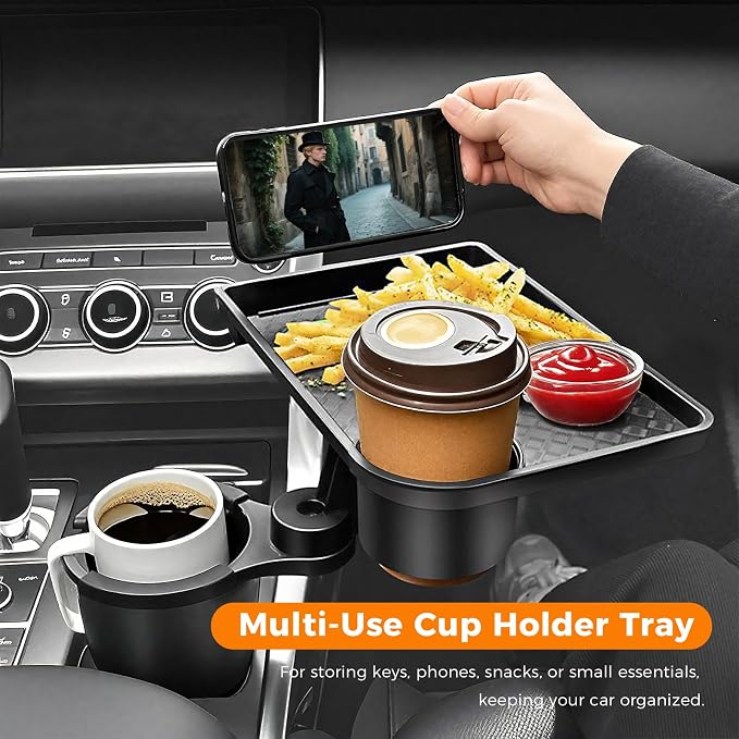 3-in-1 Car Cup Holder Tray for Eating with Double Cupholders | Expander 2.6"-3.7" Inner Diameter Standard Vehicles, Car Seat Cups Holder with 10.24" Snack Tray Organizer & Phone Holder - Image 3