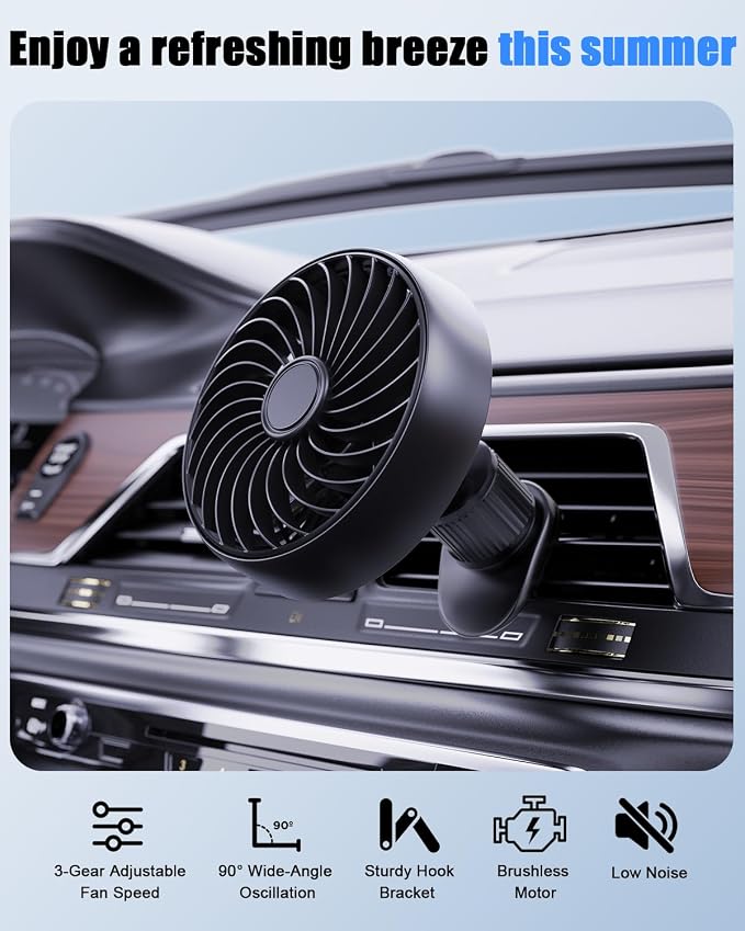 USB Car Vent Fan, 3-Speed Quiet Brushless Hook Mount Air Circulator | 5V 360°rotatable clip-on fans,mini soft airflow for driver, fits car/truck/SUV/Van/RV, plug in auto fan non-rechargeable - Image 9