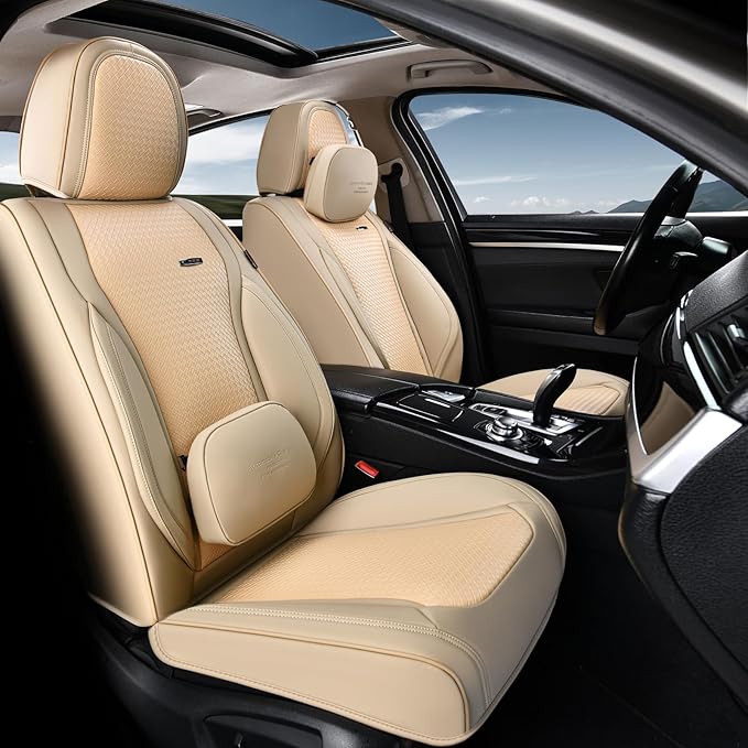 Coverado Seat Covers, Car Seat Covers Front Seats, Waterproof Nappa Leather Auto Seat Cover with Lumbar Head Pillow, Beige Seat Covers Carseat Cover Universal Fit for Most Cars by COVERADOAUTO