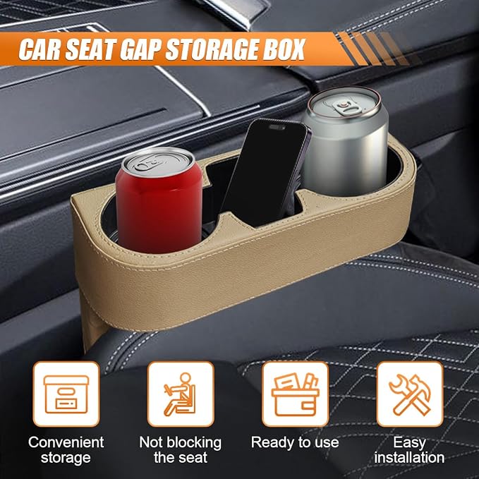 Car Cup Holder, PU Leather Auto Seat Gap Filler Organizer (Beige) | Multifunctional Vehicle Cup Drink Holder, Front Console Storage Box for Coin Cellphone Sunglasses, Universal Car Accessories - Image 3