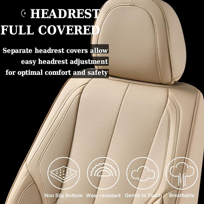 Coverado Car Seat Covers Full Set, Car Seat Protector Waterproof, Nappa Leather Car Seat Cushion, Beige Seat Covers for Cars, Front Seats and Back Universal Fit for Most Cars - Image 8