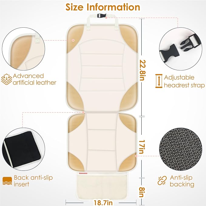 Sinvitron Car Seat Protector for Child Car Seat - Waterproof Non-Slip Leather Mat with 2 Mesh Pockets, Universal Seat Cover for Baby, Pets & Vehicles (1-Pack, Off-White) - Image 3