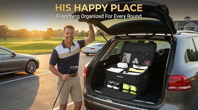 YOREPEK Golf Gifts for Men, 2 Layer Golf Trunk Organizer for 2 Pair Shoes | Waterproof Car Trunk Locker with Separate Ventilated Compartment for Balls, Tees, Clothes, Gloves, Birthday Gifts for Golfers - Image 2