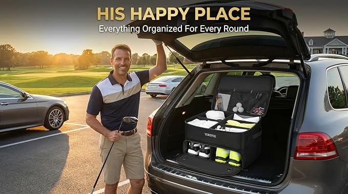 YOREPEK Golf Gifts for Men, 2 Layer Golf Trunk Organizer for 2 Pair Shoes | Waterproof Car Trunk Locker with Separate Ventilated Compartment for Balls, Tees, Clothes, Gloves, Birthday Gifts for Golfers - Image 3