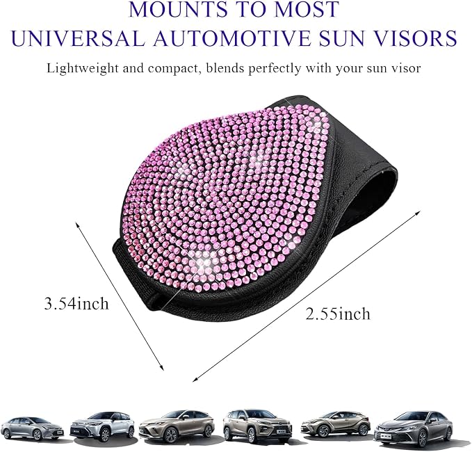 KVAEY Bling Sunglass Holder for Car Visor, Magnetic Leather Visor Clip Glasses Holder with Sparkling Rhinestones, Crystal Visor Ticket Card Clip for Women Girls, Car Accessories (Black & Pink) - Image 2