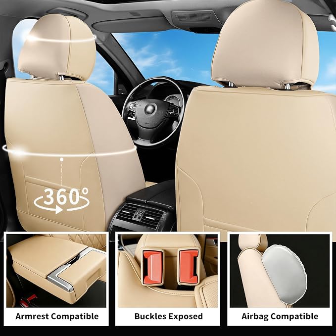Car Seat Covers for GMC Acadia 2007-2026, Front Pair, Beige | Luxury Full Coverage Leather Seat Protectors, Waterproof Breathable, Non-Slip, Easy to Install, Airbag Compatible, All-Season - Image 4