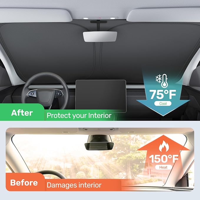 2026 Upgraded Zanch Windshield Sun Shade for Tesla Model Y Juniper | UV Protection & Heat Reduction, Light-Blocking, Heavy-Duty, Easy to Store&Setup, Keep Interiors Cool, Sun Shield for Parking - Image 2