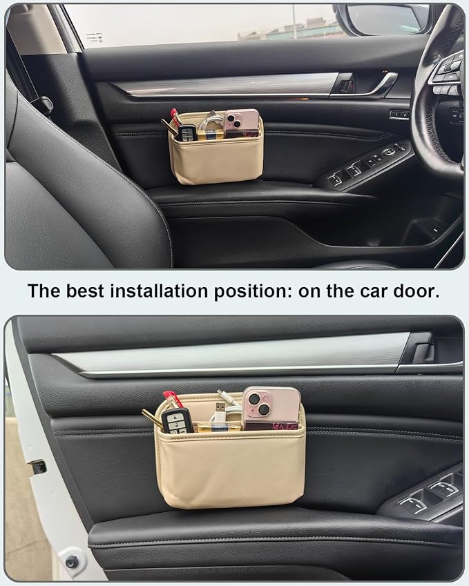 Car Seat Side Pocket Organizer for Car Doors and Consoles, Beige | Reusable Adhesive Car Storage Bag, Holds phones keys wallet sunglass etc, Suitable for all vehicles, PU Leather - Image 3