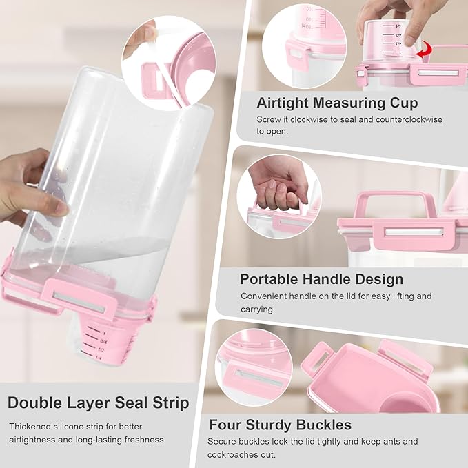 Dog Cat Food Storage Container with Cup (Pink, 2.5L (2 pack)) | Pet Food Pourable Container Airtight with Large Spout, BPA-Free Plastic Food Dispenser for Pet Food, Bird Seed, Rice, Flour - Image 5