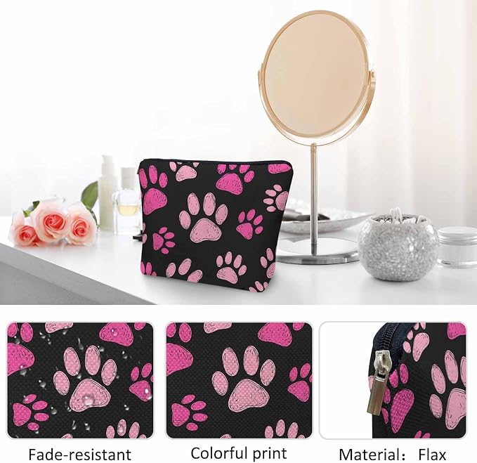 Women Cosmetic Bag Dog Paw, Pet Cat Paws Dog Prints Footprint Cute Makeup Bag For Purse Cosmetic Travel Bag For Toiletries Makeup Storage Bag Flax Skincare Bag Make Up Pouch Bags, Pink Black - Image 5