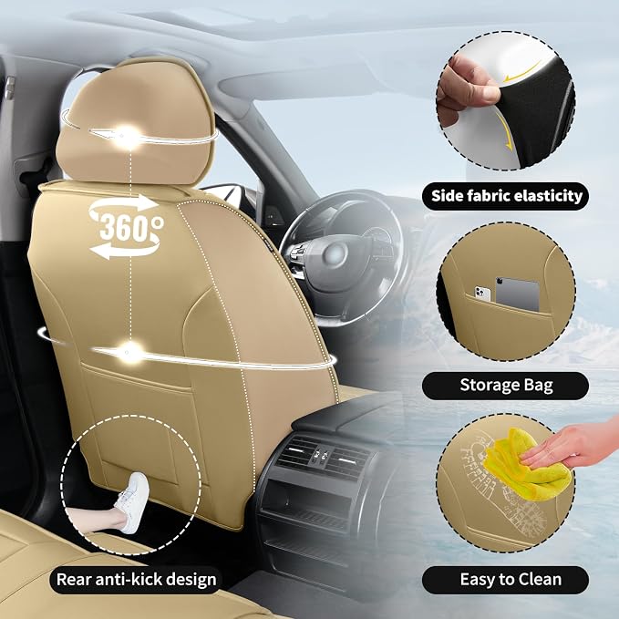 Fit Land Cruiser Premium Leather Car Seat Covers for Toyota Land Cruiser 2000-2025 2026 - Waterproof，Breathable，All-Weather Seat Cushion Protecto & Airbag Compatible, 2 Front Seat Beige - Image 4