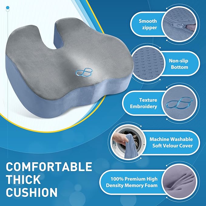 BlissTrends Thick Seat Cushion for Office Chair & Car Seat, XL, Grey&Blue | Memory Foam with Removable Cover, Ergonomic Tailbone & Sciatica Support for Pressure Relief and Long Sitting, 3.9" Thick - Image 5