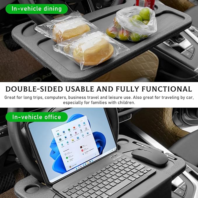 Car Steering Wheel Desk, 2 in 1 Auto Steering Wheel Tray for Food & Laptop, Multipurpose Vehicle Steering Wheel Table with Cup Holder and Pen Slot, Travel Car Accessories (Blue) - Image 4