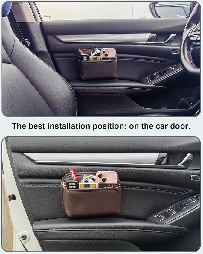 Car Seat Side Pocket Organizer for Car Doors and Consoles, Brown | Reusable Adhesive Car Storage Bag, Holds phones keys wallet sunglass etc, Suitable for all vehicles, PU Leather - Image 3