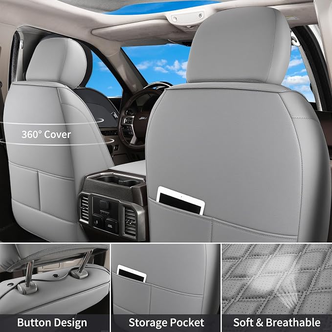Huidasource Ford Gray Seat Covers, Car Seat Cushion Cover Fit for 2015-2026 Ford F150 SuperCrew & 2017-2026 F250 F350 F450 Super Duty Crew Cab XL XLT Lariat King Ranch Platinum (Full Set/Gray) - Image 2
