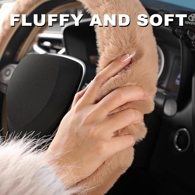 SEG Direct Fluffy Furry Steering Wheel Cover Fuzzy Gear Shift Cover, Khaki | 2 PCS Set, Soft and Warm, Cute Fur Auto Car Decor, Standard Size 14.5- 15 inch for Women Men - Image 3