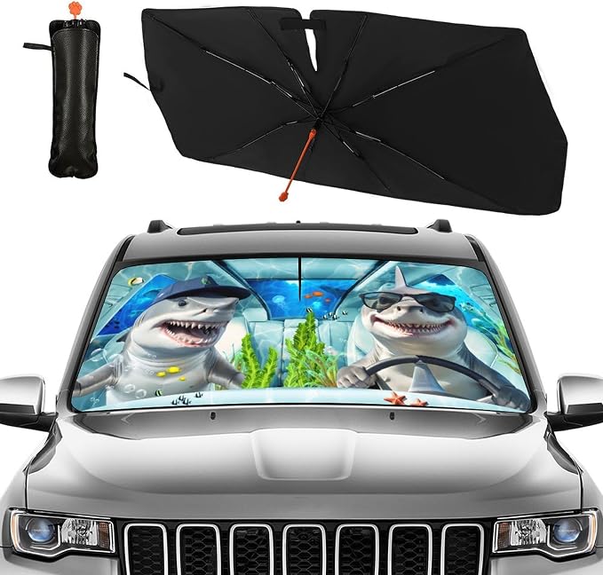 Funny Sharks Car Windshield Sunshade Umbrella Sharks Driving Sun Shade for Car Windshield Umbrella Upgraded Sunshades Blocks UV & Heat Front Window Shades for SUV Sedan Auto - Image 2