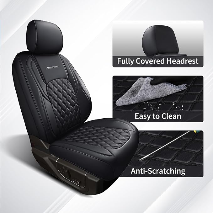 Huidasource Fit for Chevy Silverado Front Seat Covers, GMC Sierra Front Seat Covers, 1500 2007-2026, 2500HD 3500HD 2015-2026 Crew Double Extended Cab, Thickened Nappa Leather Covers (Front Pair/Black) - Image 7