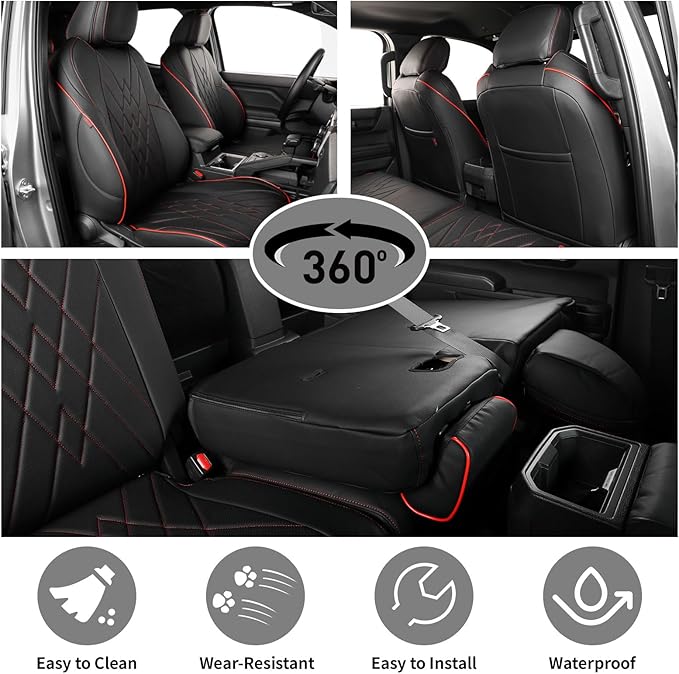 EKR Tacoma Car Seat Covers Custom for Toyota Tacoma (Only for Hybrid) 2024 2025 2026 Double cab TRD Sport,TRD Off-Road,Limited,Trailhunter - Full Set,Leather(Black with Red Trim) - Image 4