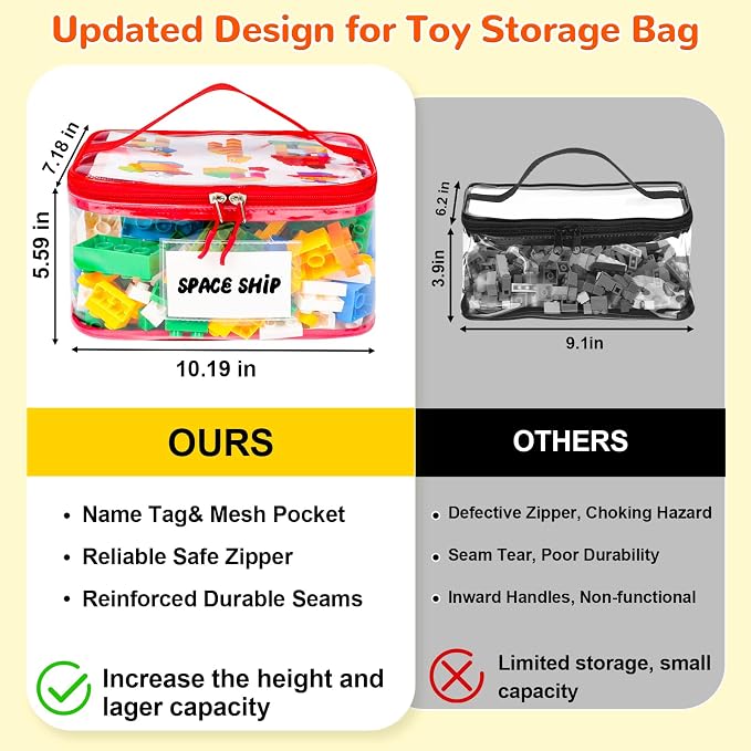 Tesuko 6 Pack Clear Toy Storage Bag with Name Tag& Manual Pocket, Waterproof Transparent PVC Toy Organizer Case for Lego Bricks, Board Games, Building Blocks, Puzzles (Large Capacity, Colorful) - Image 2