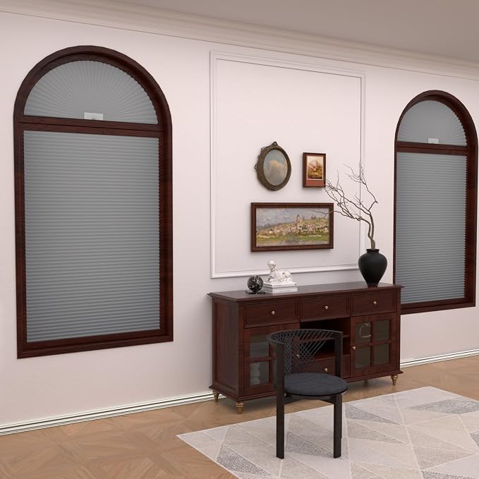 Myshade Arch Window Shades Half Circle Blackout Cellular Shades Cordless No Drill Blinds for Windows Half Moon Honeycomb Fabric No Tools Room Darkening Shades Easy Install (2PCS Grey 72" W X 36" H) - Image 2