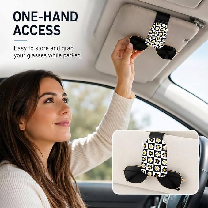 Leather Magnetic Sunglass Holder for Car Sun Visor, Cute Eyeglass Ticket Card Hanger Clip, Universal Auto Interior Accessories for SUV Pickup Truck, Daisy Checkered - Image 2
