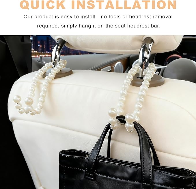 2PCS Elegant Pearl Car Seat Headrest Hook, Cute Pearl Car Seat Back Hook Storage Organizer, Exquisite Headrest Hanger Purse Holder Interior Decoration for Women Girls - Image 6