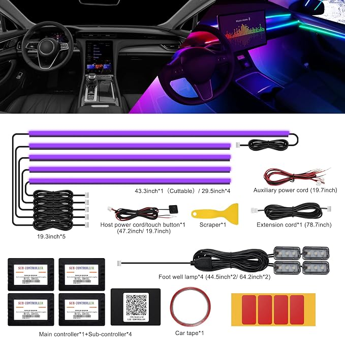 Acrylic Interior Car LED Strip Light with Wireless APP, RGB 10 in 1 with 175 inches 593 LEDs Fiber Optic Ambient Lighting Kits, 16 Million Colors Sound Active Function Car Neon Lights - Image 2