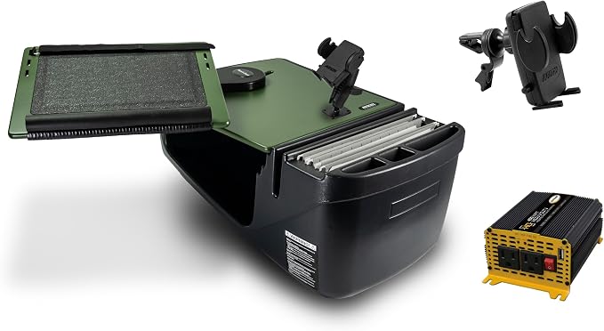 AutoExec Reach Desk Front Seat Car Desk and Portable Workstation with 400 watt Power Inverter, Phone Mount and Phone Vent Clip, Army Green by AutoExec