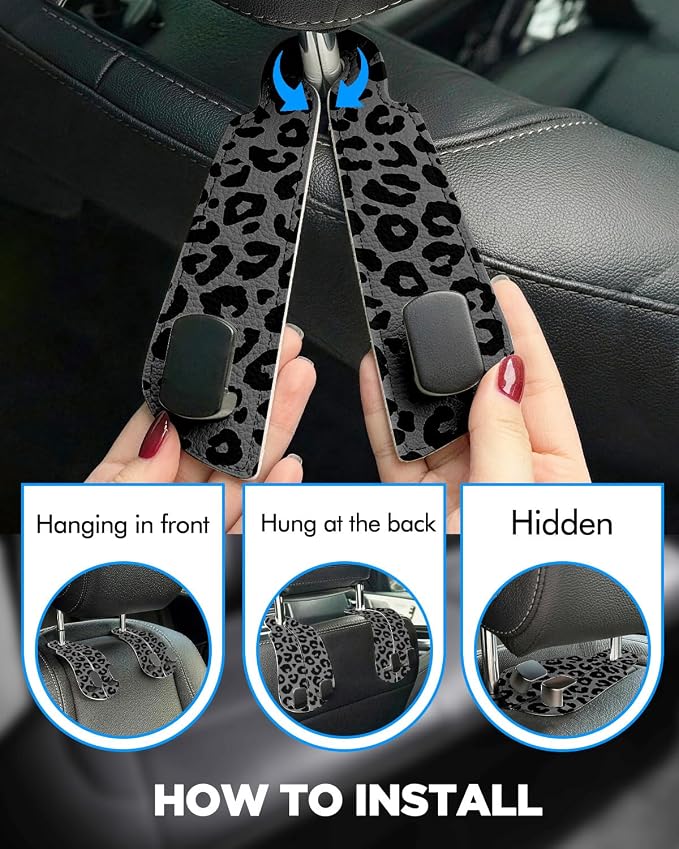 WOCOCN Purse Holder for Car, 2 Pack Heavy Duty Purse Hanger for Car,Leopard | PU Leather Car Seat Hooks for Purses and Bags, Cute Floral Headrest Organizer for Handbags & Backpacks - Image 3