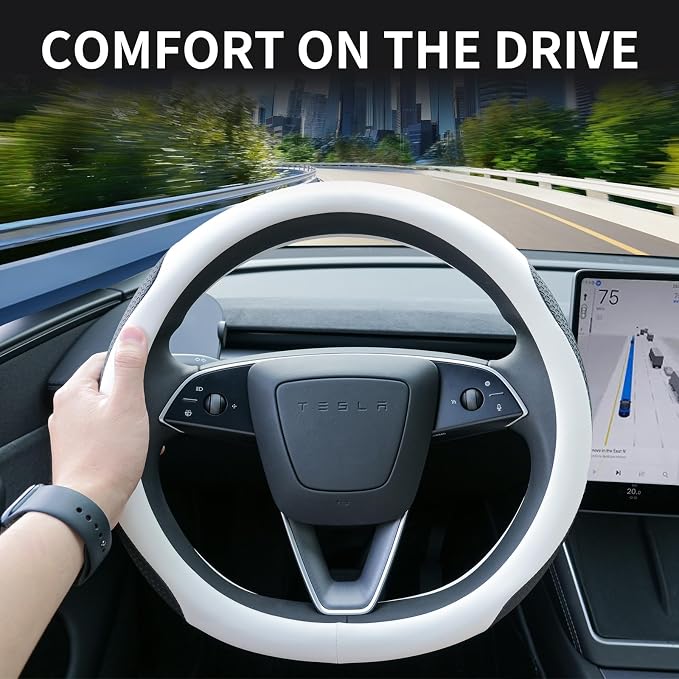 Uxcer Nappa Leather Steering Wheel Cover Compatible with Tesla Model 3/Y 2016-2025 2026 Juniper/Highland, Non-Slip Breathable Tesla Model 3/Y Steering Wheel Protector, White - Image 3