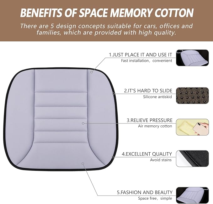 MYFAMIREA Car Seat Cushion Pad 1.2" Thick Comfort Seat Protector for Car Driver Seat Office Chair Home Use Memory Foam Seat Cushion with Non Slip Bottom, 20'' x 18.5'', Gray - Image 2