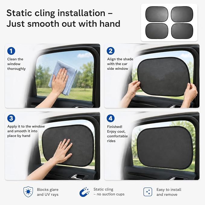 Car Window Shade for Baby -Glare Shield and UV Rays Protection for Your Child, Car Shades for Side Windows 4-Pack-19 X 12" Window Shade (Black 4 pcs) - Image 9